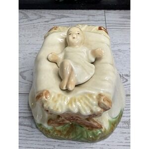 Vintage Baby Jesus In a Manger Holland Mold Ceramic Hand Painted Signed 1970's